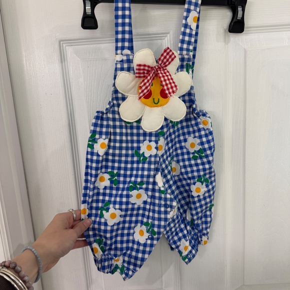 Other - Vintage Baby Blue Gingham Daisy Overalls Sunflower Applique Romper 0-6 Months